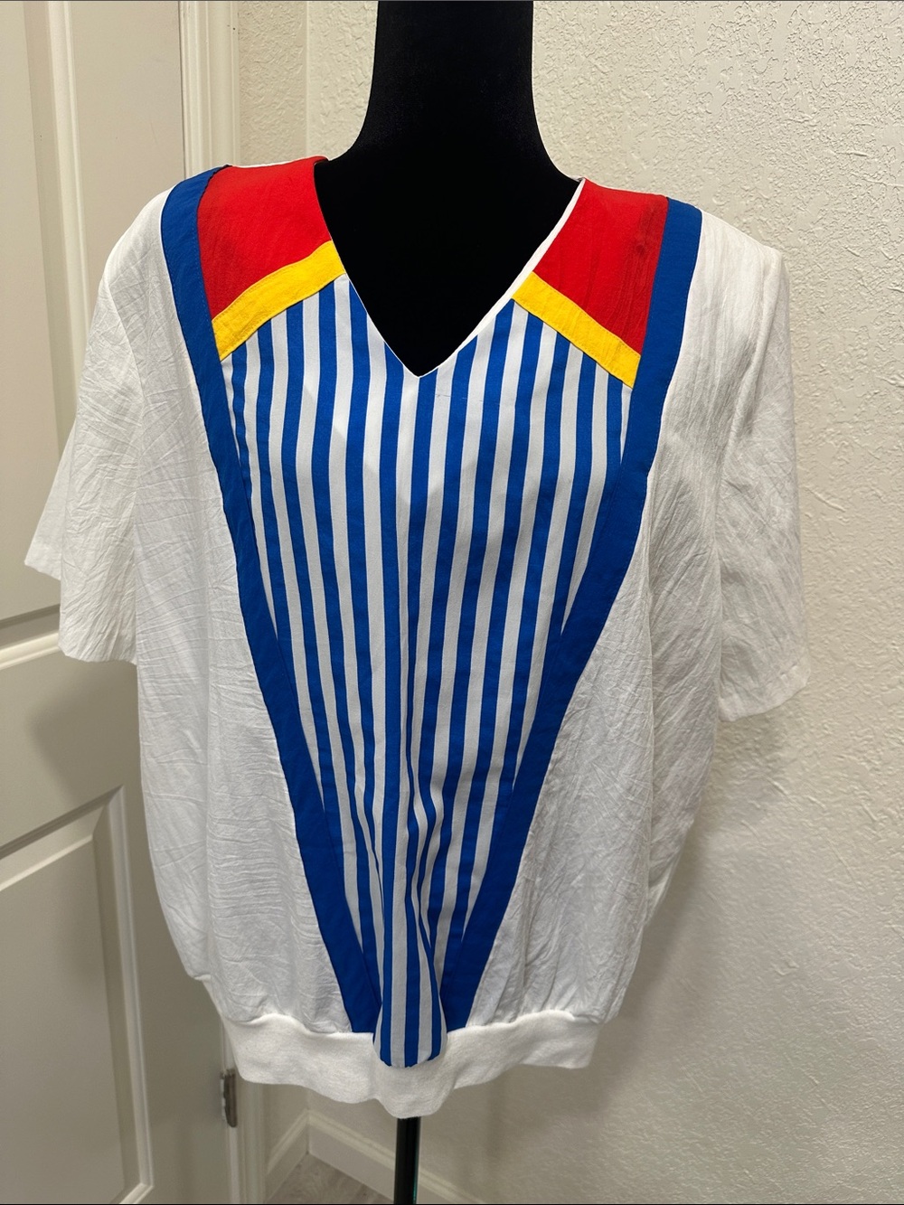 Susan Christopher White V-Neck Top with Bold Blue Stripes and Red-Yellow Trim